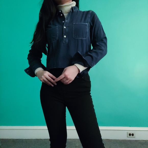 H&M Lyocell Navy Blue Cropped Long-Sleeve Collared Shirt - Picture 2 of 7